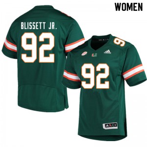 Women's Miami Hurricanes #92 Jason Blissett Jr. Green University Jersey 112174-553